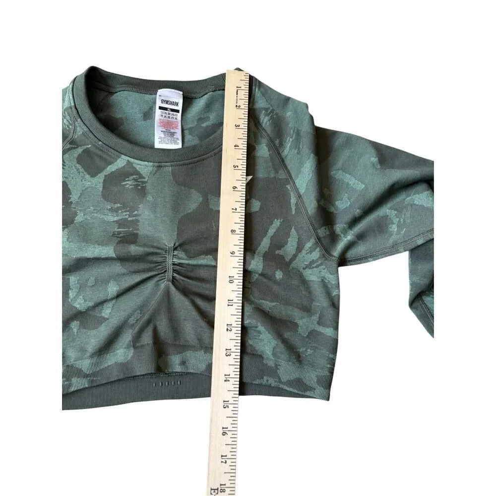 Gymshark ADAPT CAMO SEAMLESS LONG SLEEVE CROP‎ TOP size XL Green